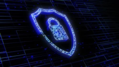 Digital Security Shield Padlock with Futuristic Circuit Animation