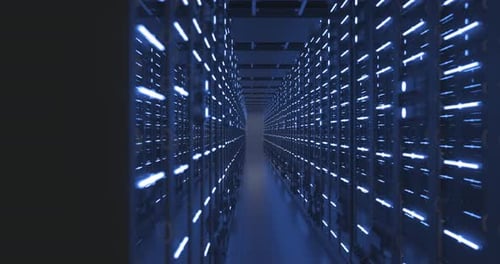 Data Center Computer Racks In Network Security Server Room or Cryptocurrency Mining Farm