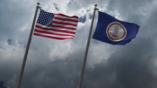 American and Virginia Flags Waving Against Cloudy Sky