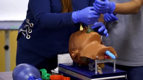 Medical Workers Practice on Dummy Head