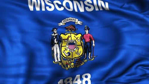 Realistic Waving Flag of Wisconsin State with Seal and Motto