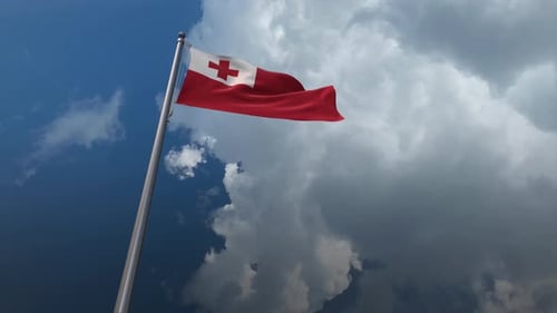 Realistic Tonga Flag Waving on Flagpole Under Cloudy Sky