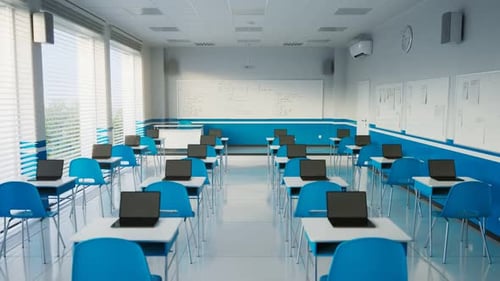 Animation des leeren modernen Klassenzimmers. Schule während COVID-19. Bildung.