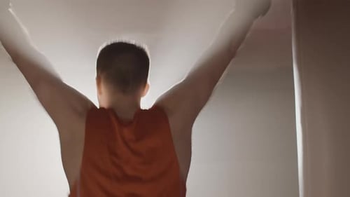 Rückansicht von Happy Boxer, der Siegesgeste zeigt und im Gegenlicht springt. Professioneller Kaukasier