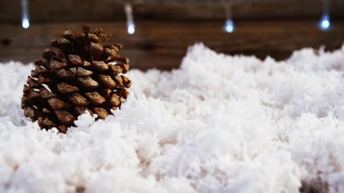 Pine Cone in Artificial Snow with Christmas Lights