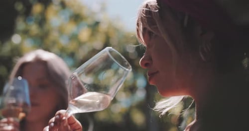 Attractive blonde young woman smelling white wine
