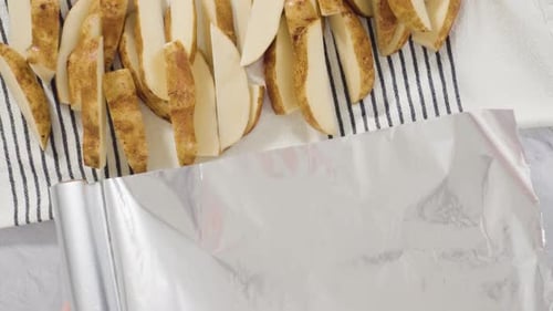 Flat lay. Step by step. Preparing russet potatoes in wedges with olive oil and spices to bake in the