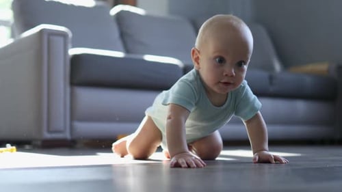 Baby Crawling on Wood Floor in Bright Room