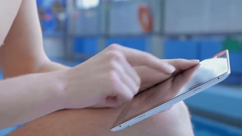 Man Athlete Swimmer Use Digital Tablet