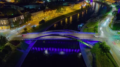 Night aerial shot of old town in Vilnius Lithuania