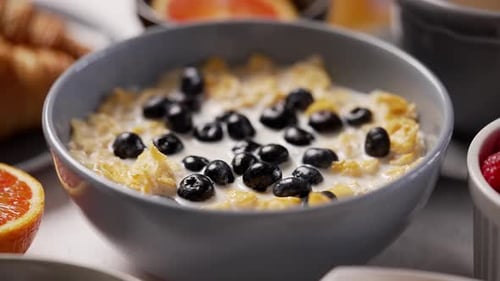 Bowl with Cereal and Blueberries for Healthy Breakfast