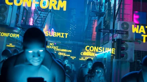 People hypnotized by their mobiles walk in the rain. Zombie walk. Mind control