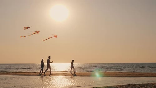 Grandmother and Grandchildren Play on the Beach Kites