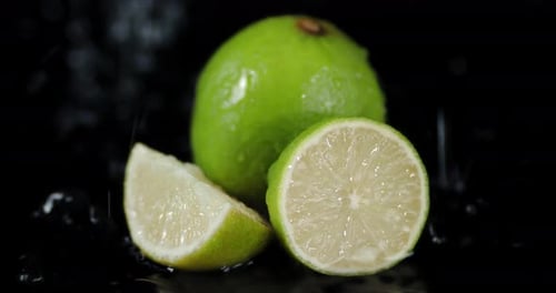 Limes with Water Splash on Dark Background