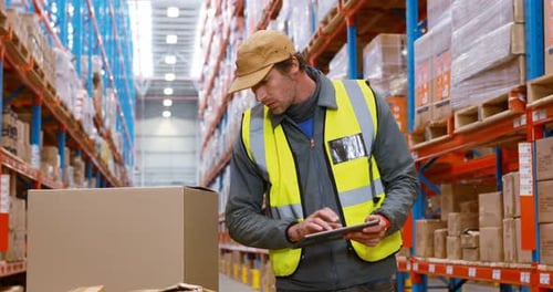 Warehouse worker looking at packages