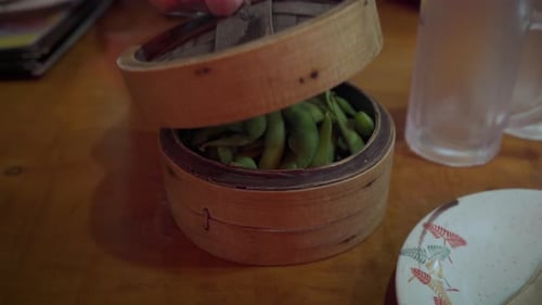 Edamame Soybeans Revealed in Traditional Bamboo Basket