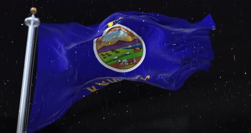 Kansas State Flag Waving in Slow Motion with Rain at Night