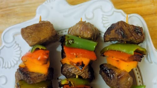 Marinated Beef Kebabs with Vegetables Prepared on the Grill