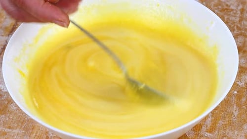Close Up of Stirring Yellow Cake Batter in Bowl