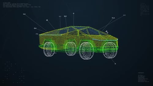 Futuristic Wireframe Vehicle Hologram with Data Analysis HUD