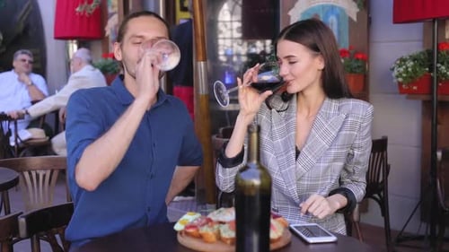 Couple Drinking Wine Enjoying Romantic Dinner At Restaurant