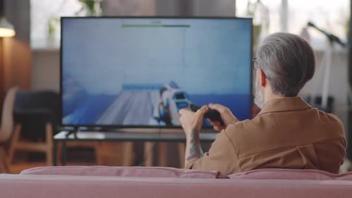 Man Plays Action Video Game on Television