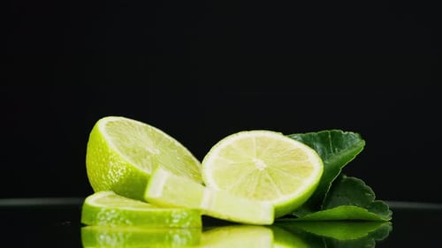 Sliced Limes and Leaves on Black Background