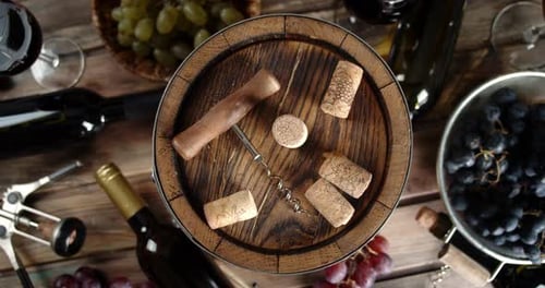Corks From Wine Bottles with Corkscrew Slowly Rotate. On a Wooden Background
