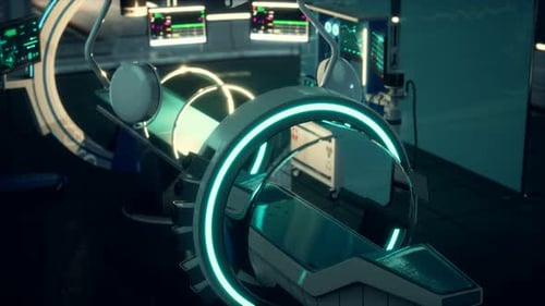 Futuristic Sci Fi MRI Scanner Medical Equipments in Hospital