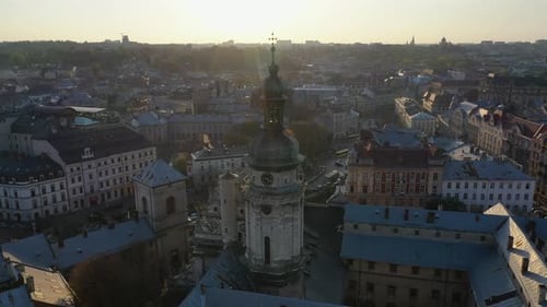 Aerial Video of Church in Central Part of Old City of Lviv, Ukraine