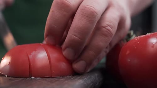 Close Up Shot: Chef Cuts Tomato in a Cubes for Salad, Cooking Sauce, Making of Ketchup, Ingredients