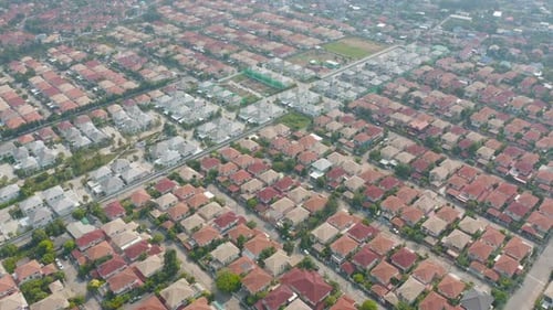 Aerial view of residential neighborhood. Urban housing development from above