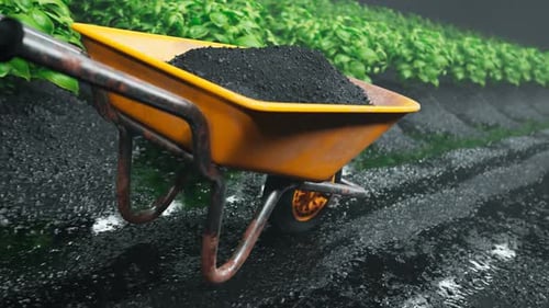 Yellow wheelbarrow pushed through the garden on wet soil. Looping animation 4KHD
