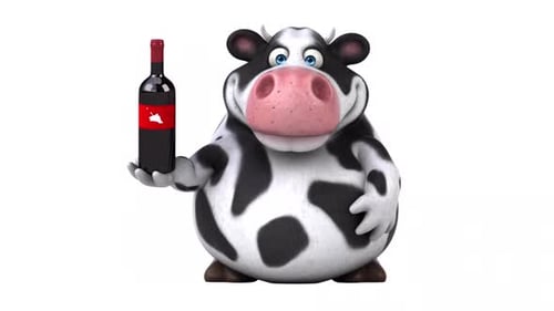 Funny 3D Cartoon Cow Talking and Holding a Wine Bottle