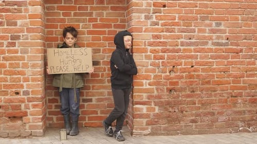 Homeless Kids Beggars Street Social Message Cardboard Suffer From Poverty Loneliness