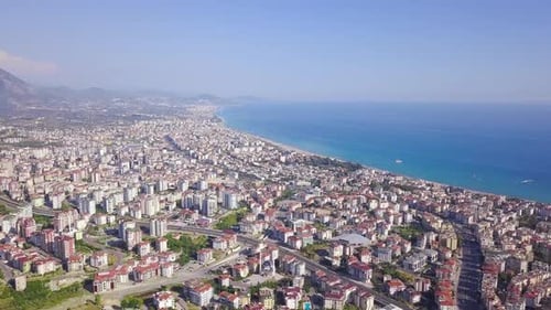 Top view of resort town located on coast