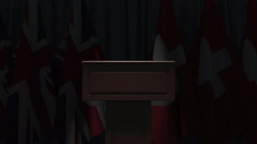 Corporate Press Conference Podium with Waving Flags