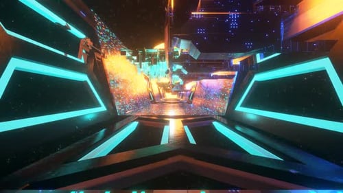 Flying in the chaotic technological futuristic space tunnel.