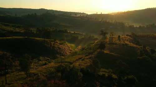 4K Aerial view of Mountains landscape with morning fog.