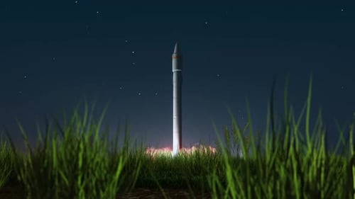 a rocket taking off from a launch pad or a silo in an open field animation