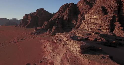 Aerial drone shot of Wadi Rum Desert, Jordan. 4K