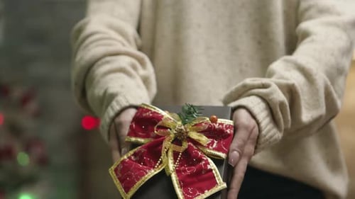 Close Up of Young Woman Holding a Christmas Gift
