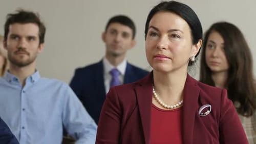 Closeup Middle Aged Attentive Female Listener