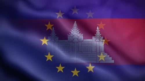 Waving European Union and Cambodia Flags Overlay