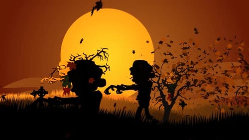 Creepy zombie walking on the haunted graveyard with tombstones and dark trees