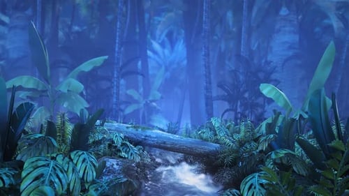 Night Tropical Jungle with a Brook