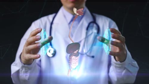 Doctor Gesturing at Digital Digestive System Hologram