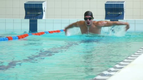 A Professional Swimmer Swims the Butterfly Stroke in an Indoor Pool