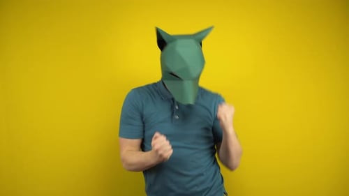 Young Man in a Cardboard Jackal Mask Dances on a Yellow Background. Man in a Green Polo and Mask.