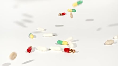 Nahaufnahme verschiedener medizinischer Pillen, die auf weißem Hintergrund auf den Tisch fallen